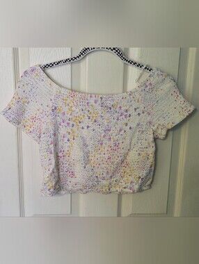 Japna White Smocked Crop Top with Pink & Yellow Speckle